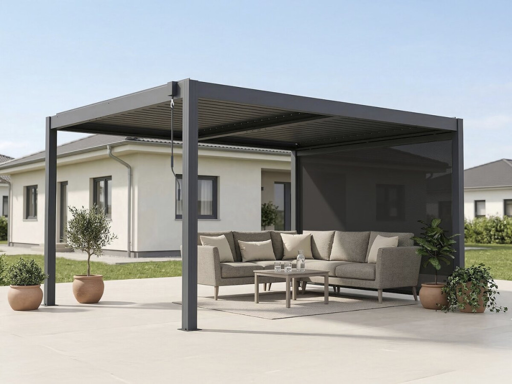 Bioklimatische Pergola mit Led und Markise aus Aluminium "Windsor premium" - 3 x 4 m - Grau