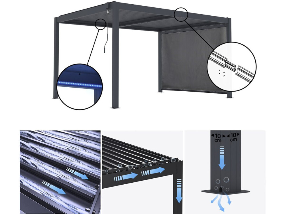 Bioklimatische Pergola mit Led und Markise aus Aluminium "Windsor premium" - 3 x 4 m - Grau