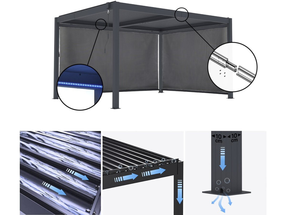 Bioklimatische Pergola mit Led und 2 Aluminiumjalousien "Windsor premium" - 3 x 4 m - Grau
