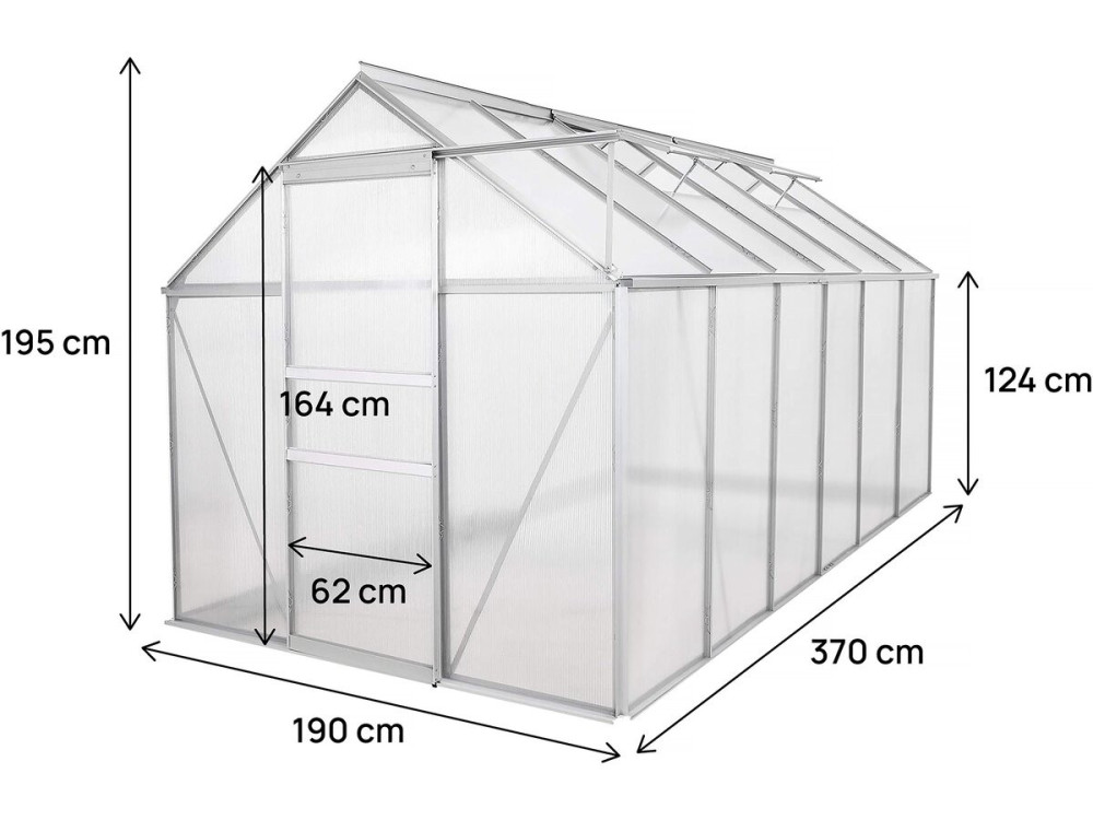 Polycarbonat Gartenhaus 370 x 190 x 195 cm "Basilikum" - 7,03 m² - Grau