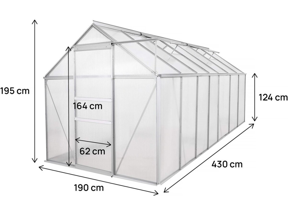 Gartengewächshaus aus Polycarbonat 430 x 190 x 195 cm "Basilikum" - 8,17 m² - Grau