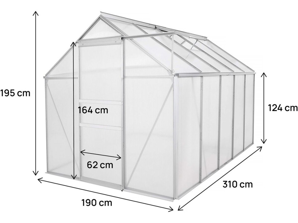 Gartengewächshaus aus Polycarbonat 310 x 190 x 195 cm "Basilikum" - 5,89 m² - Grau
