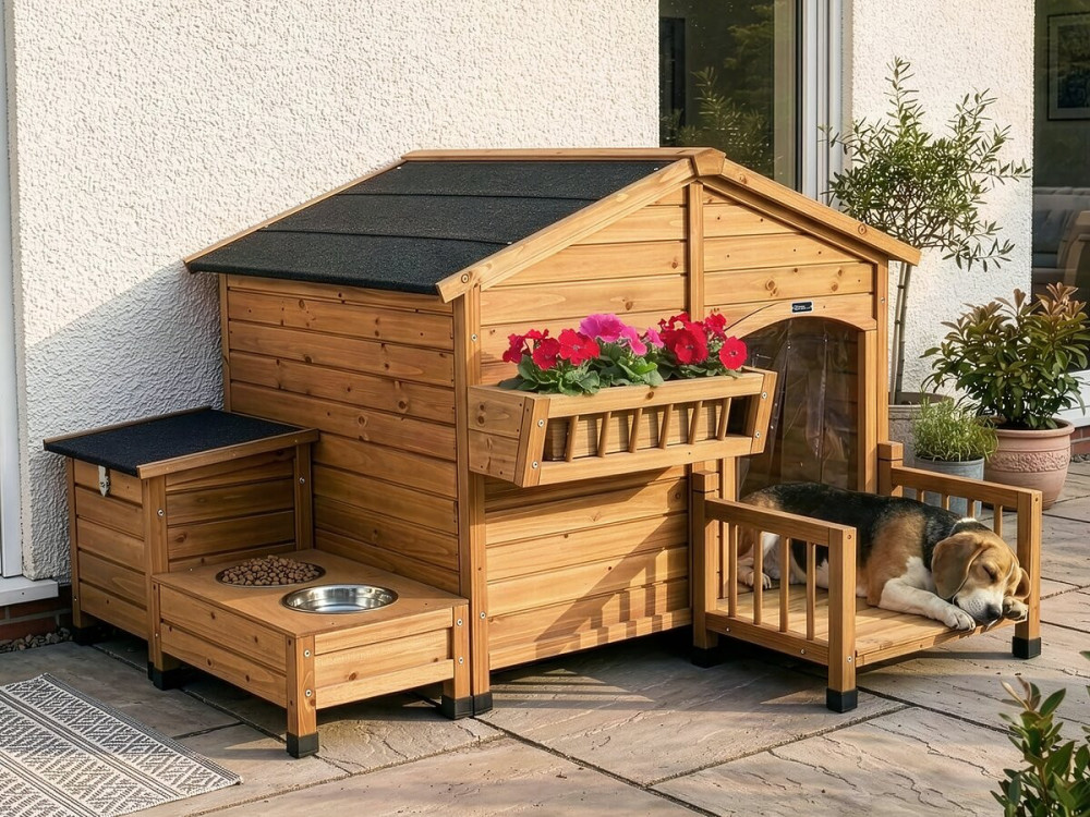 Hundehütte aus Holz mit Futternapf und Aufbewahrungsbox "Rusty" - 151 x 138 x 100 cm - Braun