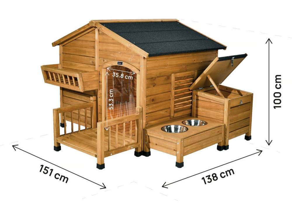 Hundehütte aus Holz mit Futternapf und Aufbewahrungsbox "Rusty" - 151 x 138 x 100 cm - Braun