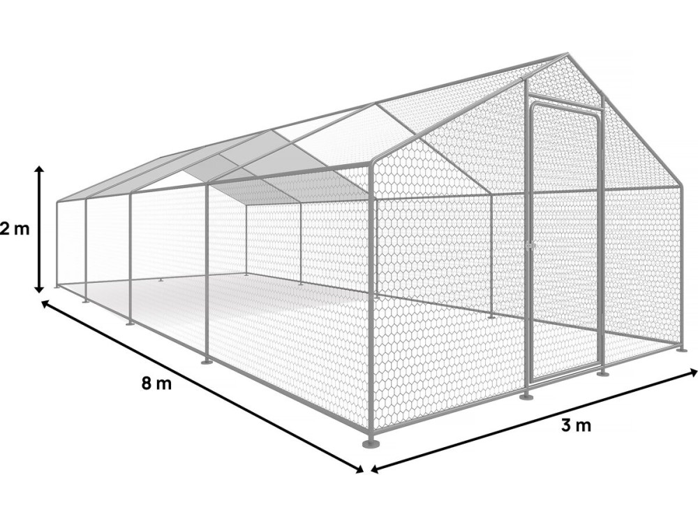 Hühnergehege 24 m² mit Maschendrahtzaun 8 x 3 x 2 m aus verzinktem Stahl