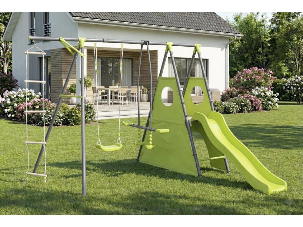 Metall-Spielgerüst mit Rutsche „Dany“ – 5 Klettergeräte – Grün