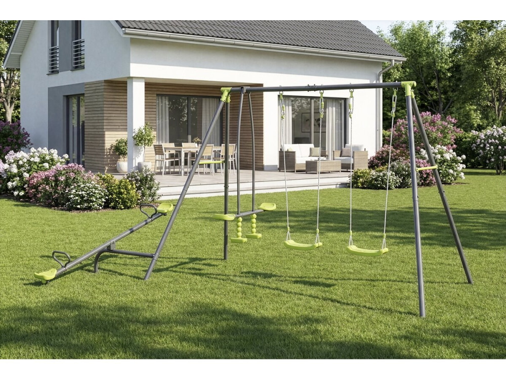 Spielgerüst aus Metall mit Wippschaukel „Basile“ – 4 Klettergeräte – Grün