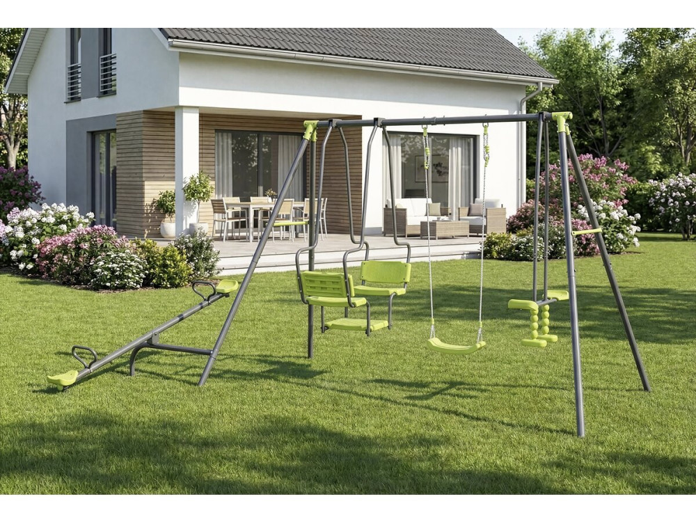 Spielgerüst aus Metall mit Wippe „Lenny” – 4 Klettergeräte – Grün