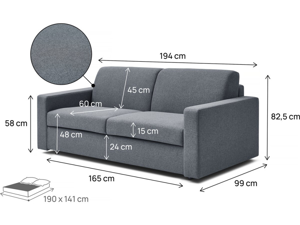 Express-Sofa "Diana" mit Schlaffunktion aus Stoff, 140 cm Bett, 3 Plätze, Grau