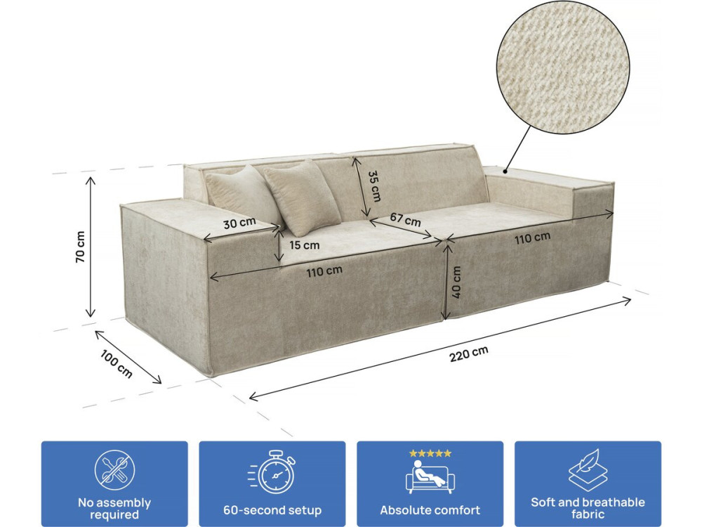 Modulares Einzelsofa „Lusso“ aus strukturiertem Stoff - 3-Sitzer - Beige