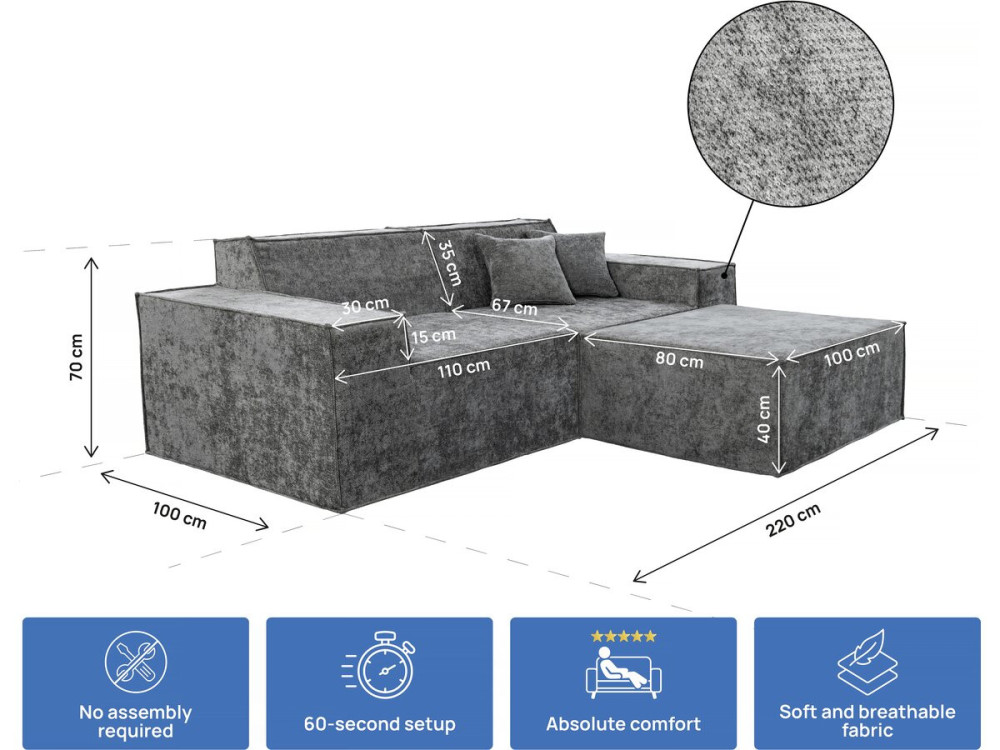 Modulares Einzelsofa mit Ottomane „Lusso“ aus strukturiertem Stoff - 3-Sitzer - Grau