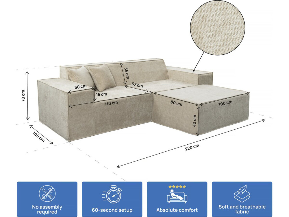 Modulares Einzelsofa mit Ottomane „Lusso“ aus strukturiertem Stoff - 3-Sitzer - Beige