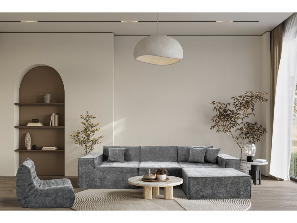 Modulares Einzelsofa mit Ottomane „Lusso“ aus strukturierten Stoff  – 4-Sitzer –  Grau