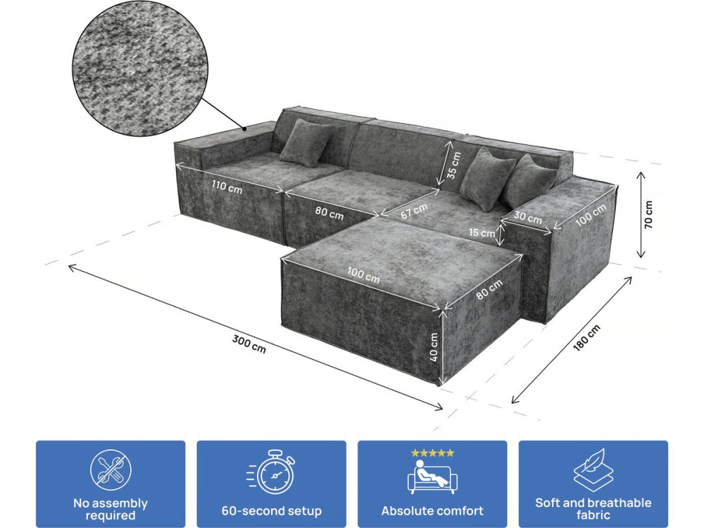 Modulares Einzelsofa mit Ottomane „Lusso“ aus strukturierten Stoff  – 4-Sitzer –  Grau