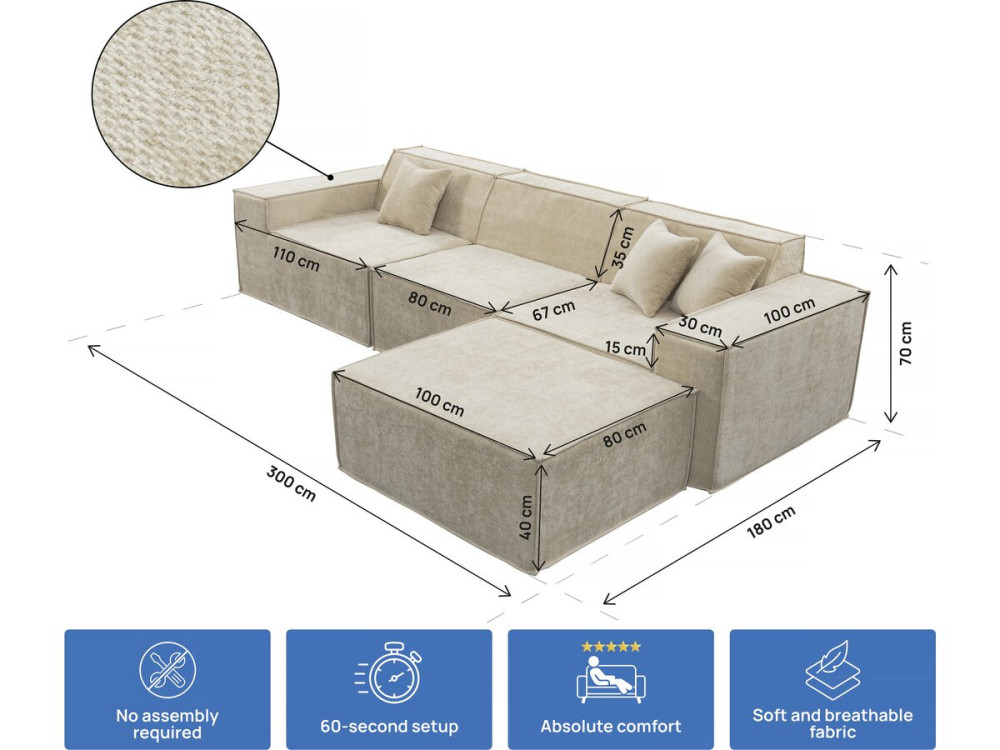 Modulares Einzelsofa mit Ottomane „Lusso“ aus strukturierten Stoff  – 4-Sitzer – Beige