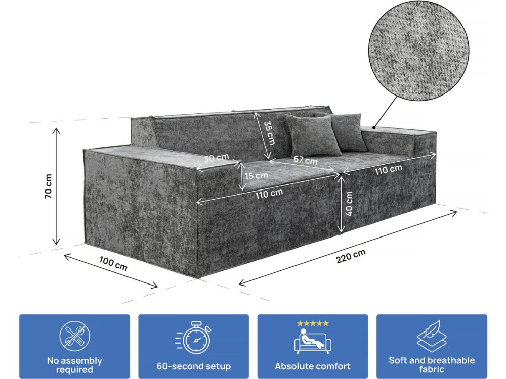 Modulares Einzelsofa „Lusso“ aus strukturiertem Stoff - 3-Sitzer - Grau