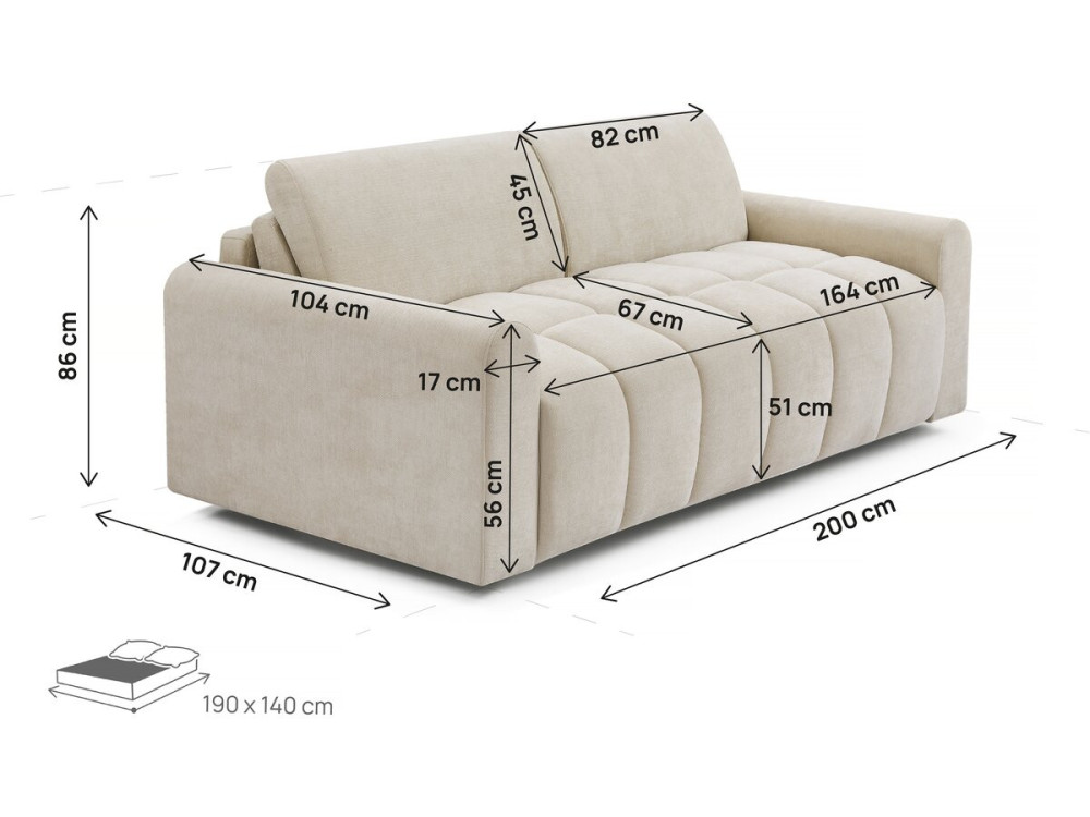 Express-Sofa-Bett "Isadora" - Matratze 18 cm - Liegefläche 140 cm - 3-Sitzer - Beige