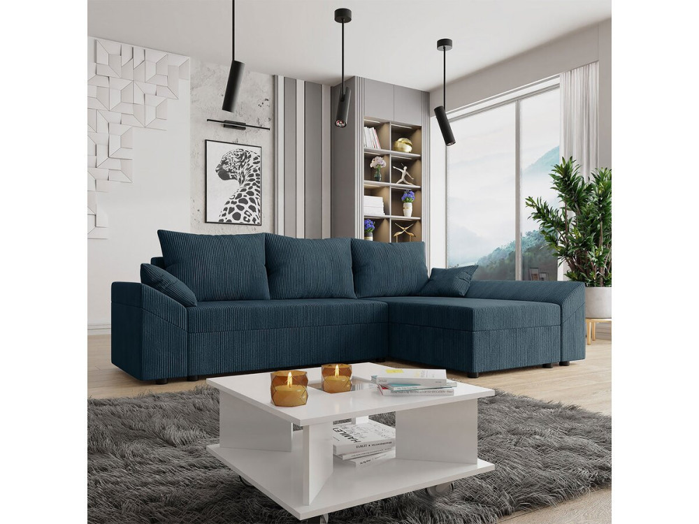 Umwandelbares Ecksofa mit Truhe „Vaugirard“ aus Cord – 3 Plätze – Blau