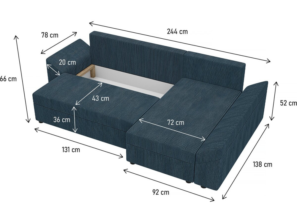 Umwandelbares Ecksofa mit Truhe „Vaugirard“ aus Cord – 3 Plätze – Blau