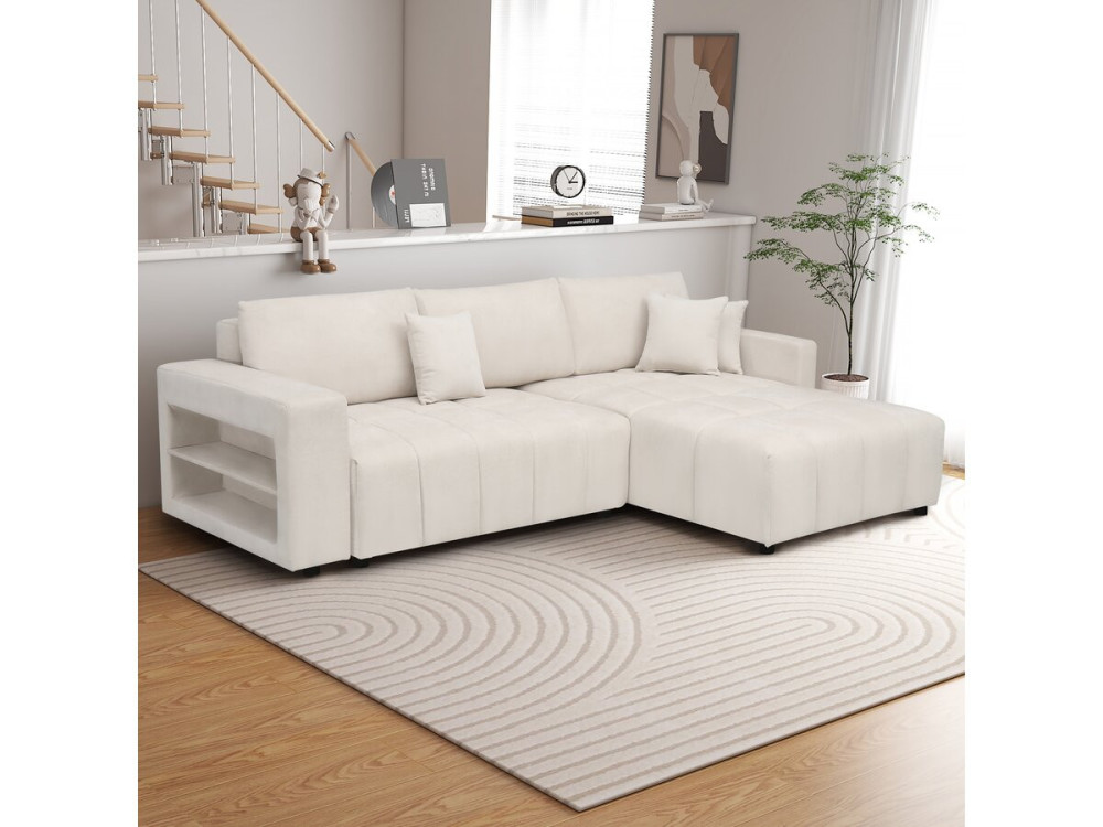 Ecksofa mit Schlaffunktion aus Chenille-Stoff 3-Sitzer - "Trocadero" - Creme