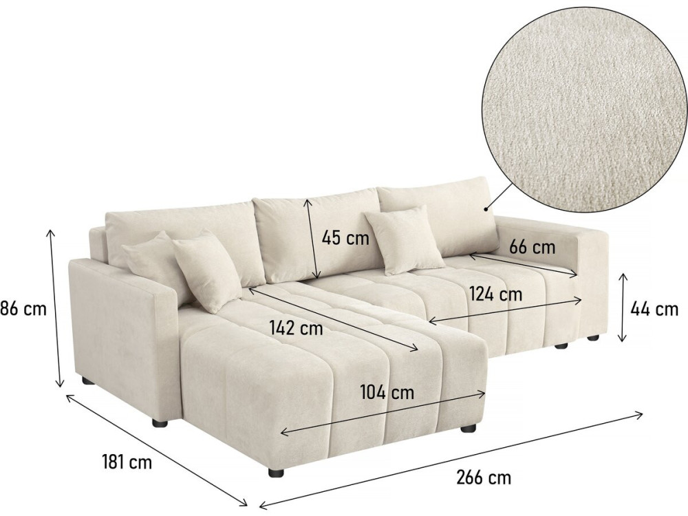 Ecksofa mit Schlaffunktion aus Chenille-Stoff 3-Sitzer - "Trocadero" - Creme