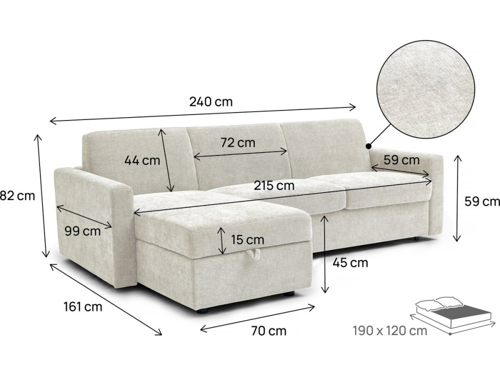Ecksofa mit Expressumwandlung, Stoff "Celia" - 3 Sitzplätze - Beige
