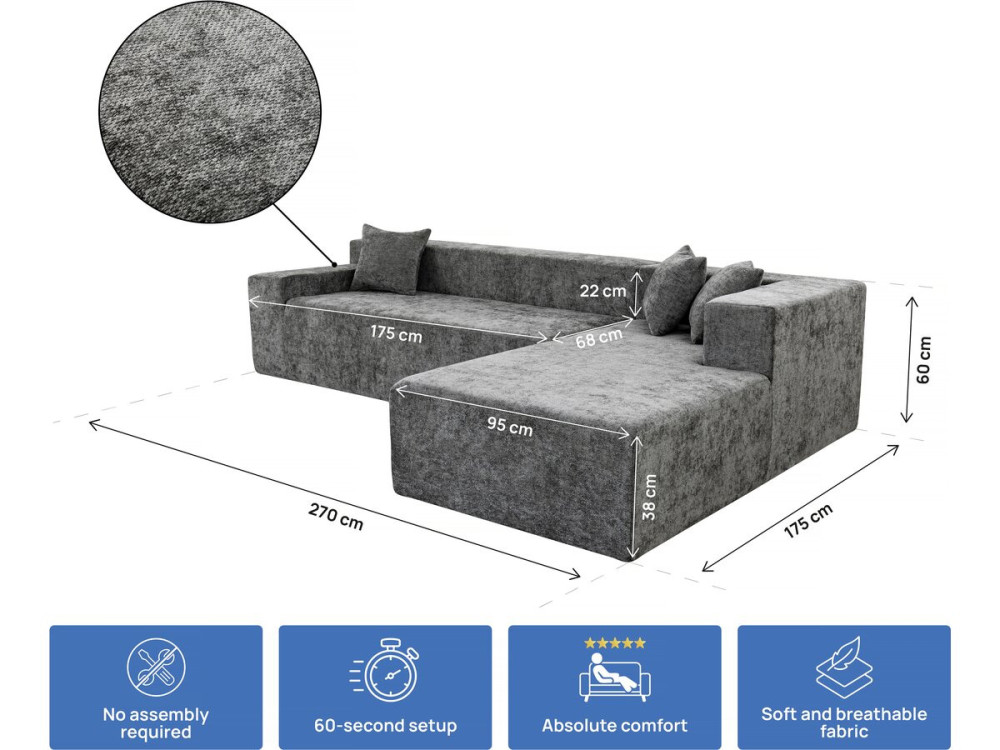Ecksofa aus strukturiertem Stoff „Tessaro” – 4-Sitzer – Grau