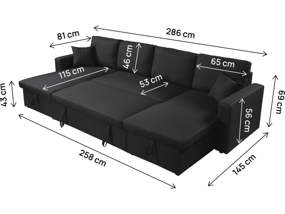 Panorama-Ecksofa mit Stoffbezug "Alain" - 4-Sitzer - Schwarz