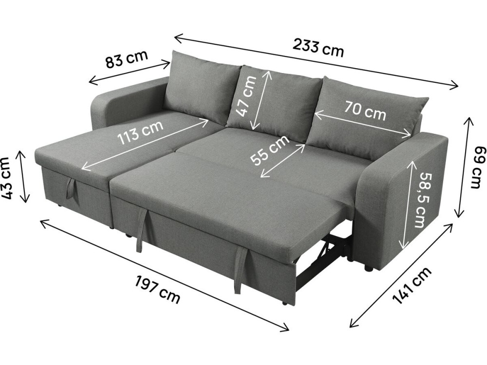 Stoff-Ecksofa "Victor" - 3-Sitzer, umkehrbar/umbaubar - Grau