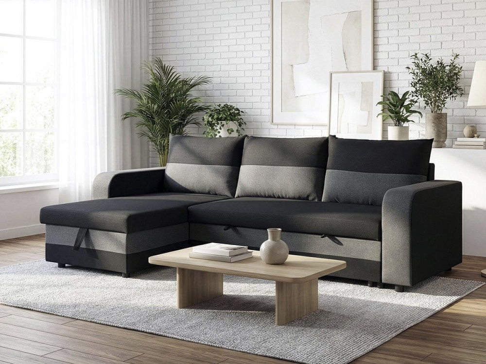 Ecksofa mit Stoffbezug "Victor", umkehrbar/wandelbar - 3-Sitzer - Schwarz