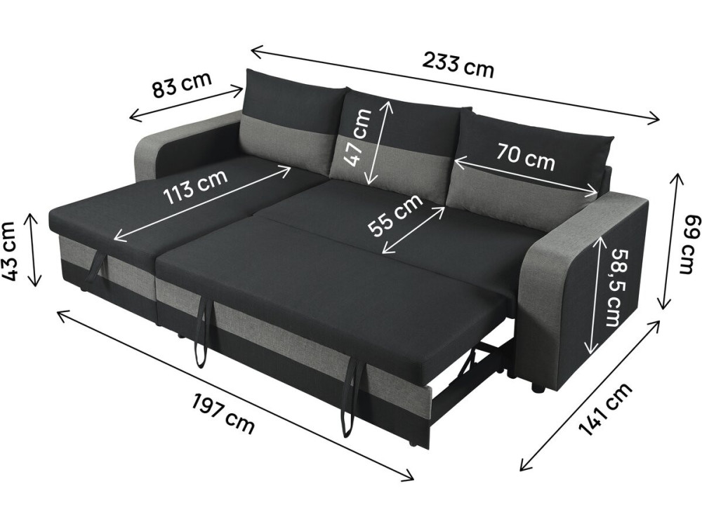 Ecksofa mit Stoffbezug "Victor", umkehrbar/wandelbar - 3-Sitzer - Schwarz