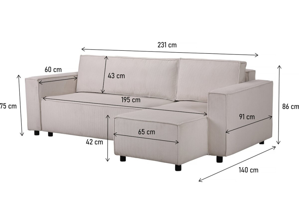 Ecksofa aus Cord "Montaigne S" - 3-Sitzer - Beige