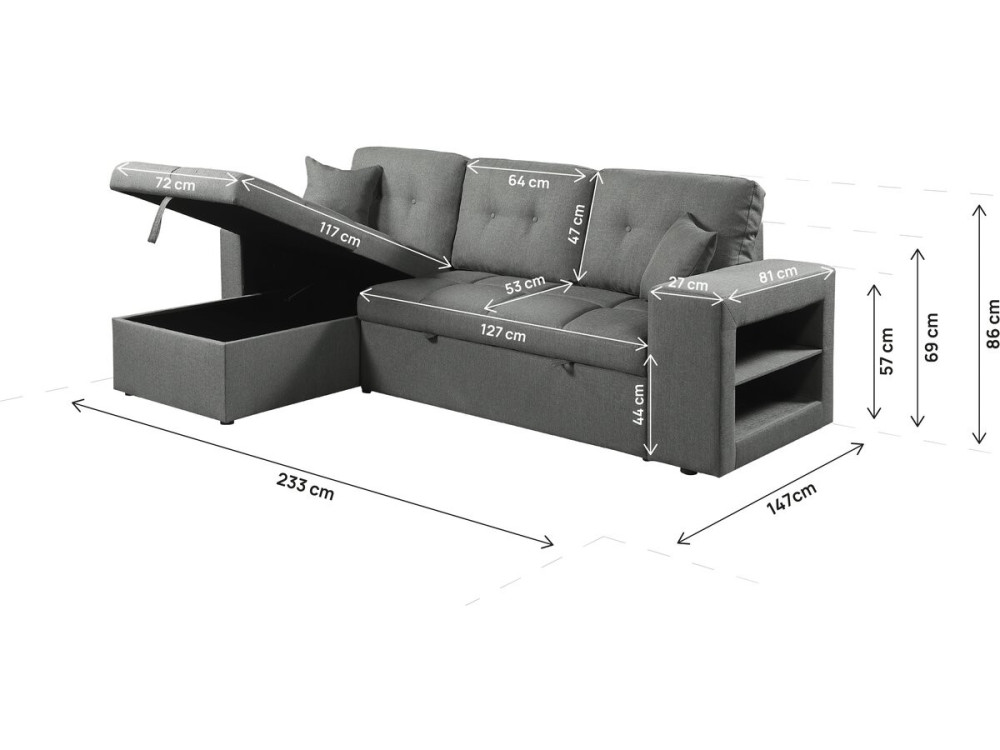 Ecksofa, umwandelbar/wendebar, Stoff, Bubble-Stil, "Axel", 3-Sitzer, grau