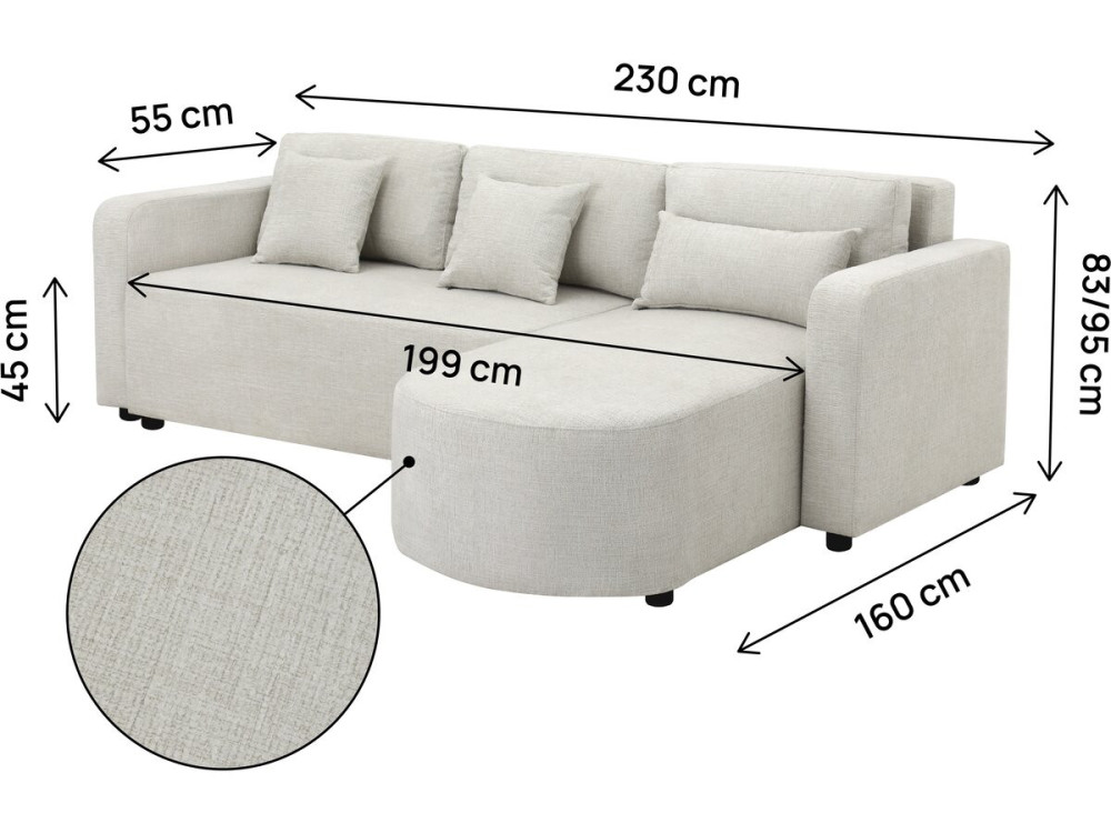Ecksofa mit Stoffbezug, umwandelbar/wendebar, "Charles" - 3-Sitzer - Beige