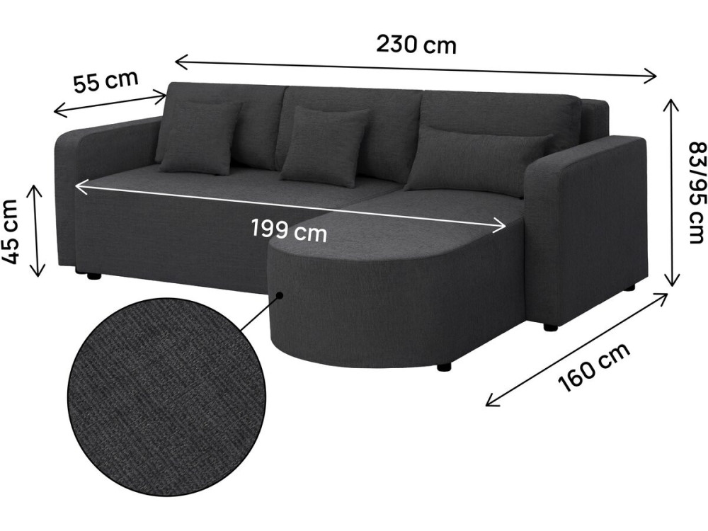 Ecksofa mit Stoffbezug, umwandelbar/wendebar, "Charles" - 3-Sitzer - Schwarz