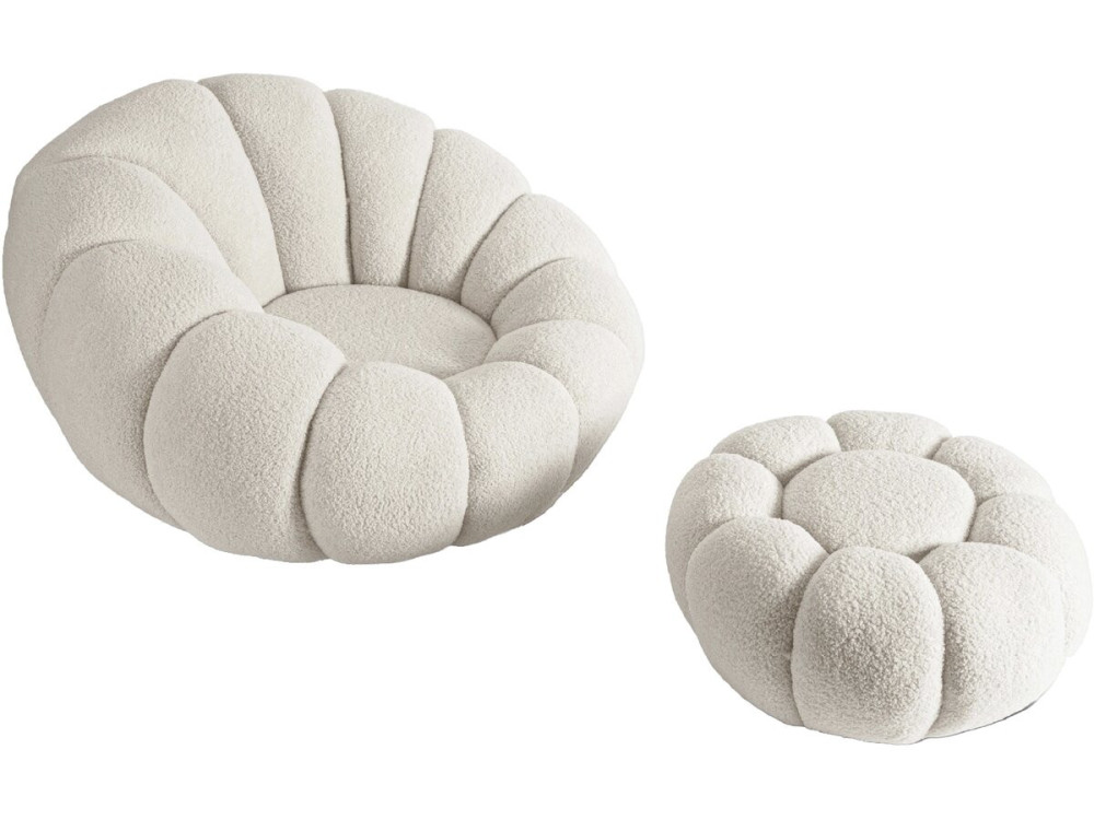 Sessel mit Hocker im Bubble-Stil aus Bouclé-Stoff "Élysée" - Creme