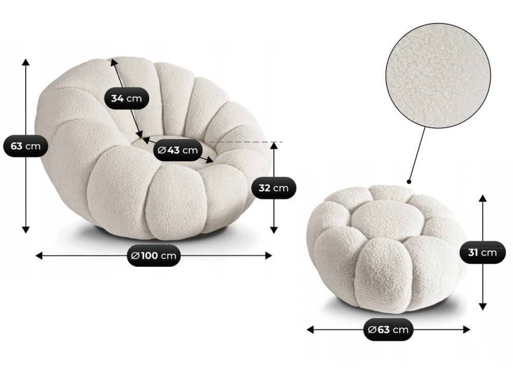 Sessel mit Hocker im Bubble-Stil aus Bouclé-Stoff "Élysée" - Creme