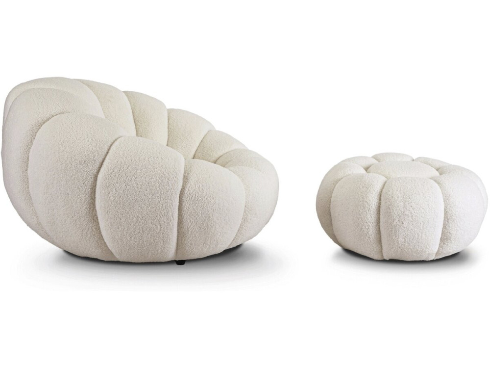 Sessel mit Hocker im Bubble-Stil aus Bouclé-Stoff "Élysée" - Creme