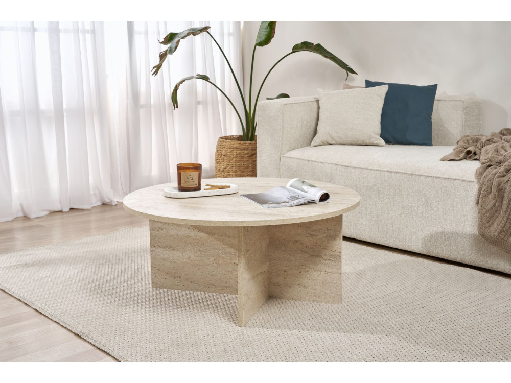 Couchtisch aus Holz „Soleil“ – 90 x 90 x 40 cm – Travertin