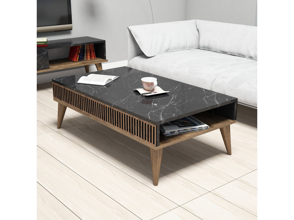Couchtisch aus Holz "Milan" - 105 x 60 x 34 cm - Walnuss, Schwarz