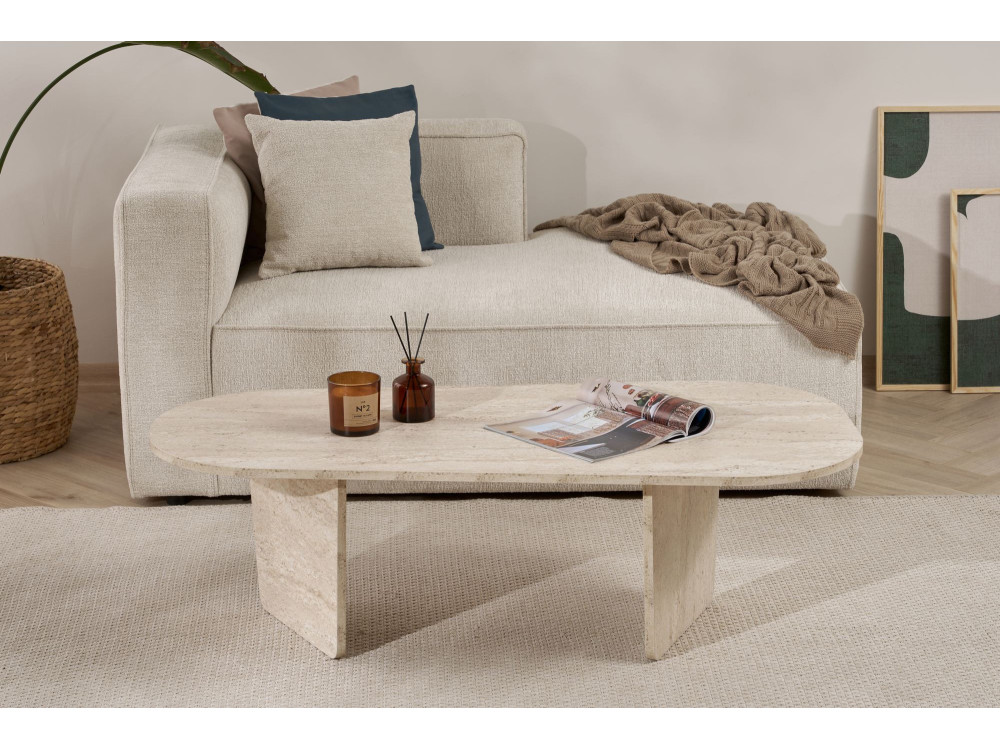 Couchtisch „Ovalis“ aus Holz – 130 x 65 x 40 cm – Travertin