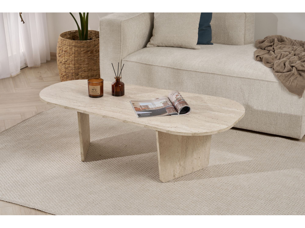 Couchtisch „Ovalis“ aus Holz – 130 x 65 x 40 cm – Travertin