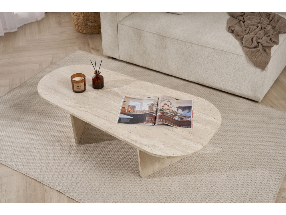 Couchtisch „Ovalis“ aus Holz – 130 x 65 x 40 cm – Travertin