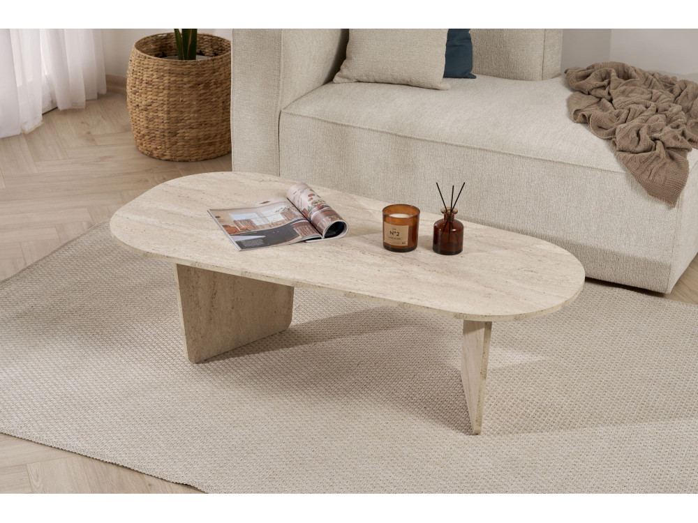 Couchtisch „Ovalis“ aus Holz – 130 x 65 x 40 cm – Travertin