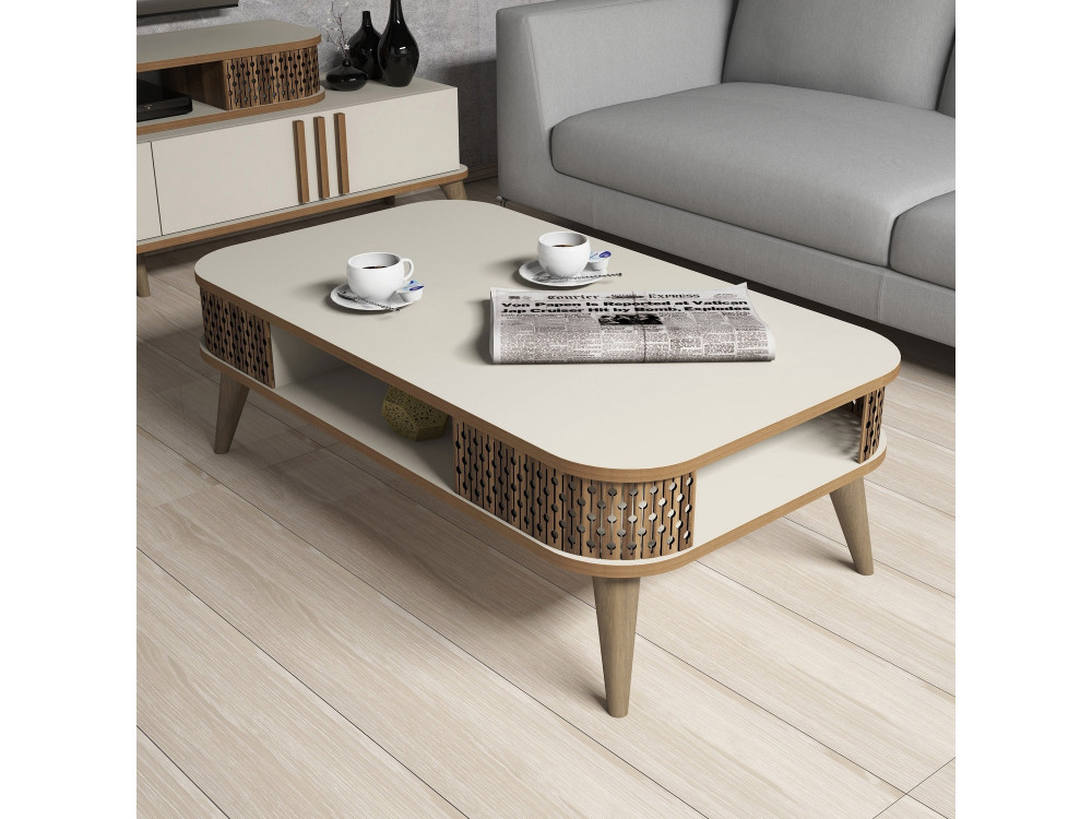 Couchtisch aus Holz "Eylül" - 105 x 60 x 34 cm - Creme