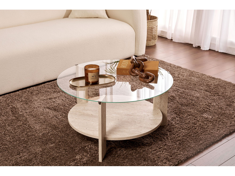 Couchtisch „Clara“ aus Holz – 75 x 75 x 40 cm – Transparenter Travertin