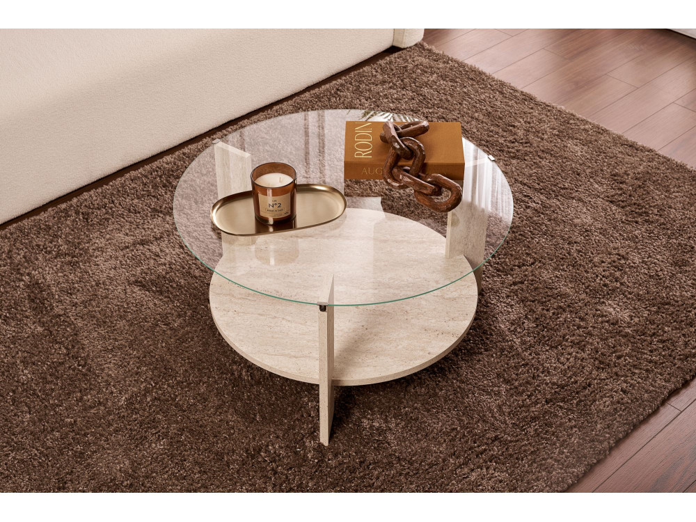 Couchtisch „Clara“ aus Holz – 75 x 75 x 40 cm – Transparenter Travertin