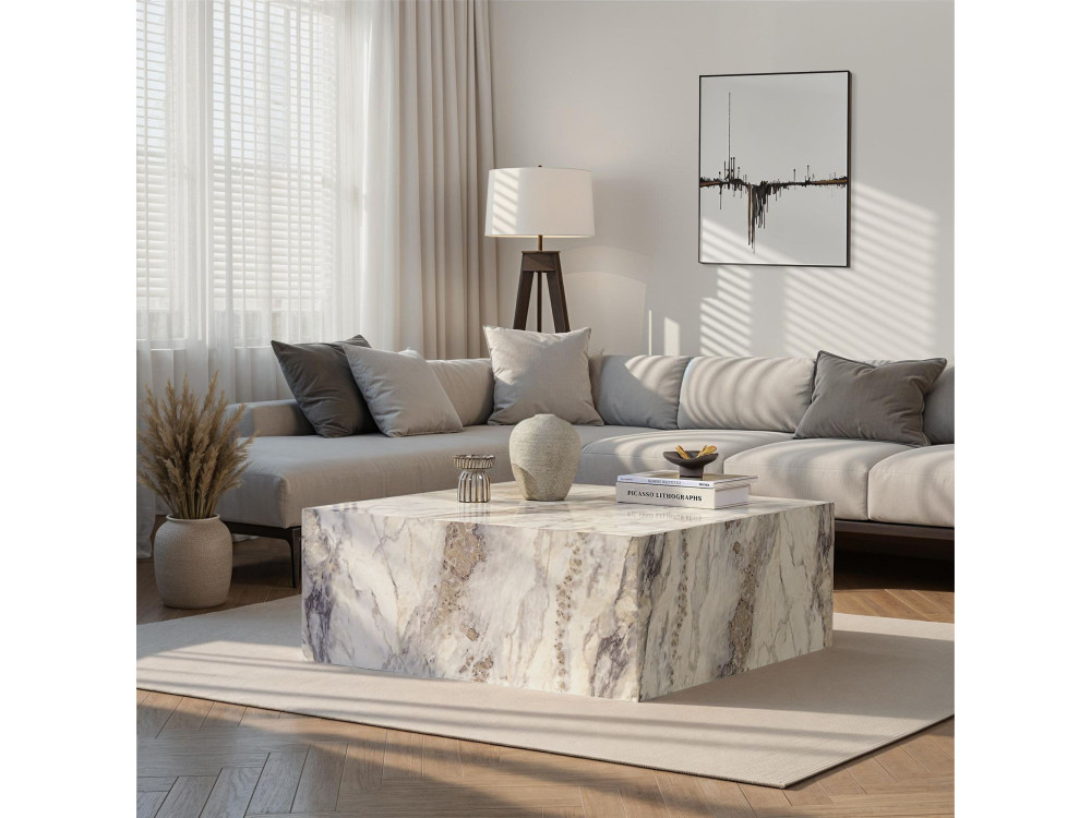 Couchtisch aus Holz „Prizma” – 90 x 90 x 35 cm – Marmor Freesia