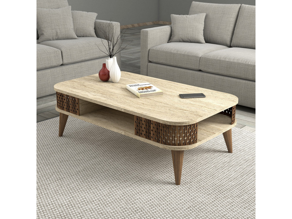 Couchtisch aus Holz "Eylul" - 105 x 60 x 35 cm - Travertin