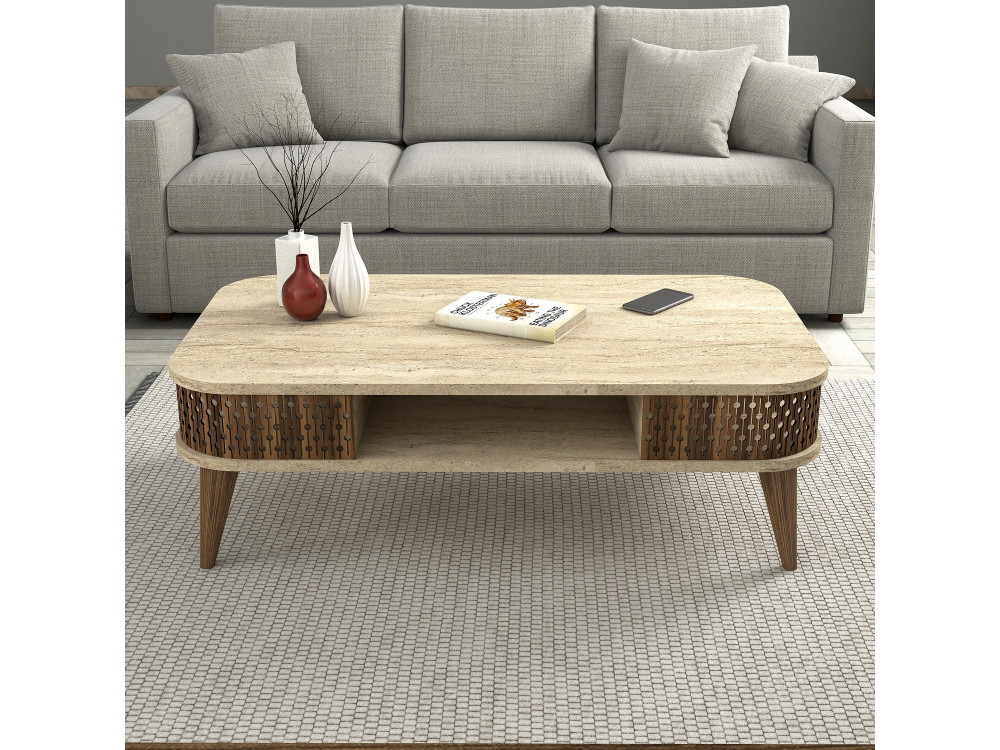 Couchtisch aus Holz "Eylul" - 105 x 60 x 35 cm - Travertin